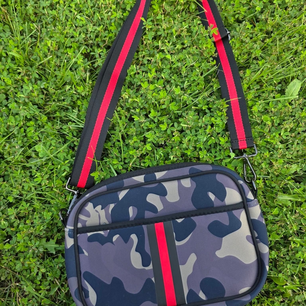 Camouflage Crossbody Bag with Red Accents